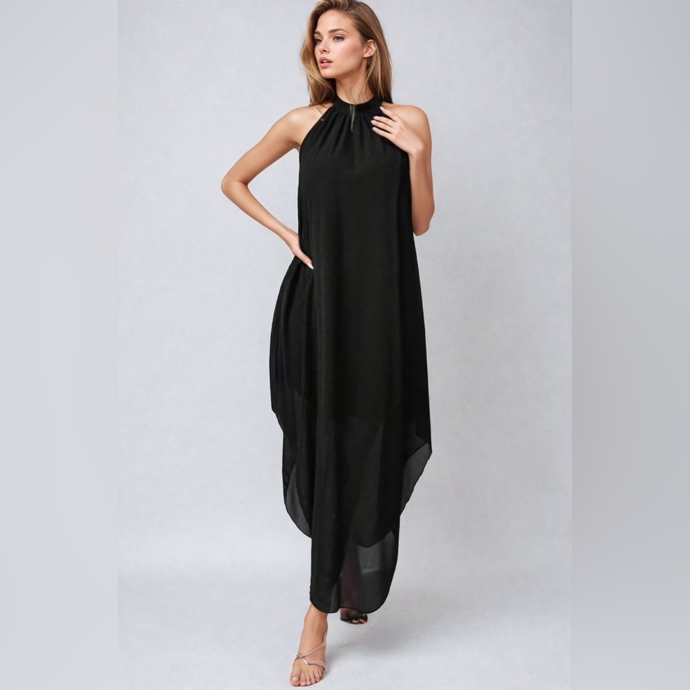 Black Layer Halter Dress With Circular Hemline